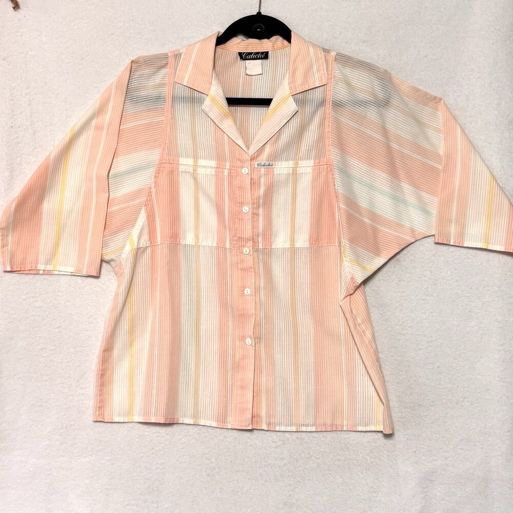 Vintage 80s Caliche Button Up Shirt Pastel Striped Dolman Sleeves